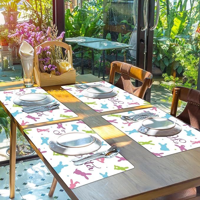 Easter Placemats Set of 6 Easter Rabbit Eggs Plastic Table Mats Easter Bunny Rabbit Place Mats Rustic Vintage Spring Seasonal Table Decoration for Indoor Outdoor Party Kitchen Dining Table