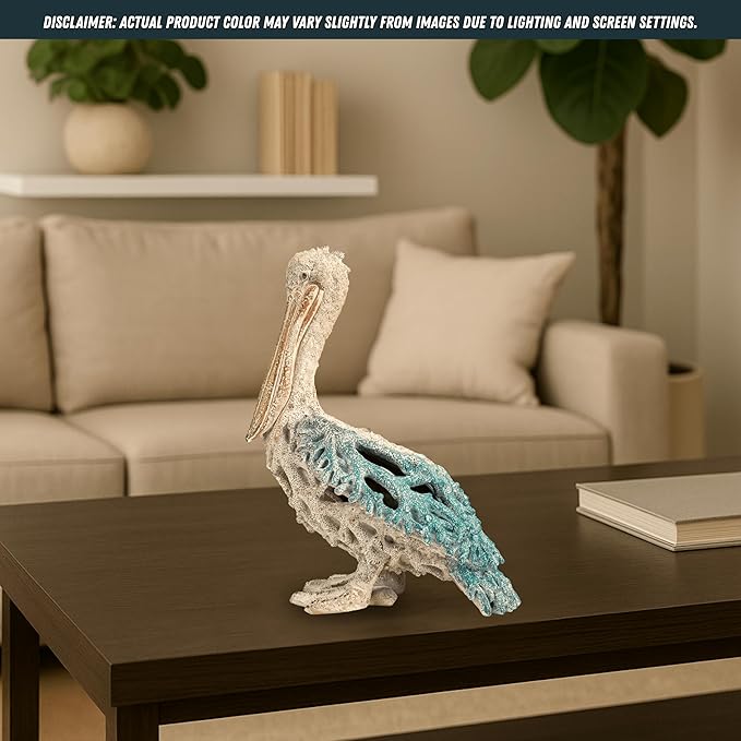 Blue Pelican Standing Figurine 13.75” Coastal Coral Reef Home Decor Nautical Beach Statue for Tabletop Shelf or Mantel Ocean Inspired Room Accents