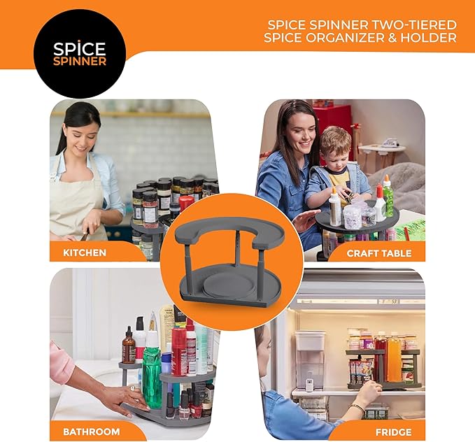 2-Tier Spice Rack Organizer for Cabinet | Rotating Lazy Susan Spice Organizer Holds 40 Spice Jars | Countertop & Pantry Spice Shelf for Kitchen Organization & Storage (Gray)