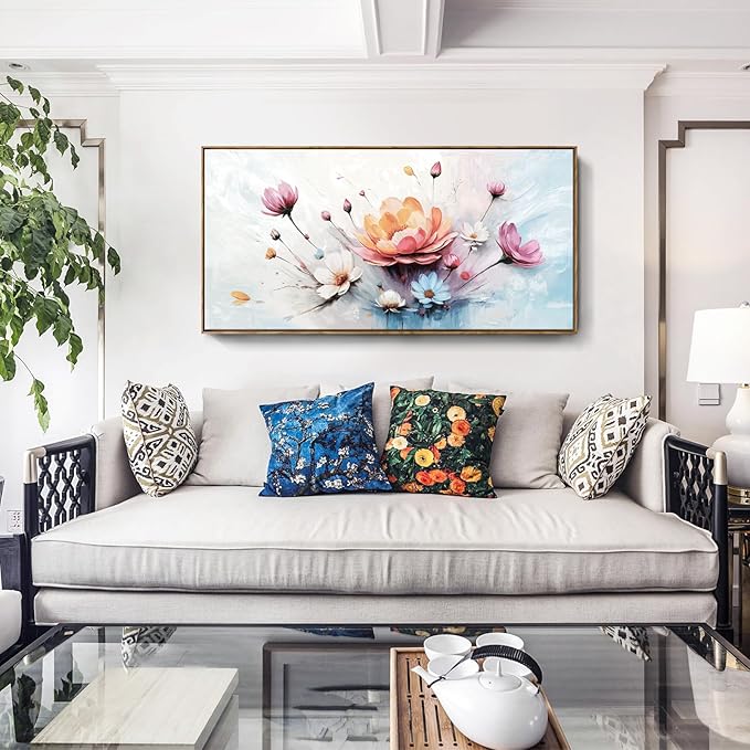 amatop Framed Floral Canvas Wall Art Picture Large Pink Blue Abstract Bloom Bouquet Print with Daisy Peony Elegant Botanical Nature Artwork for Living Room Bedroom Dining Room Entryway Decor 48x24 inch