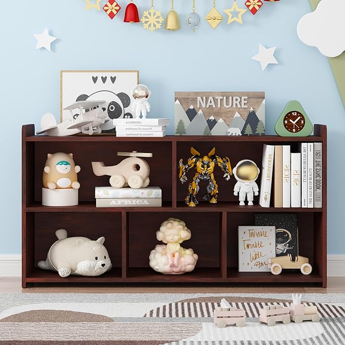 Book Shelf, 5 Cubes Storage Organizer, Open Shelf Wooden Bookcase, Freestanding Cherry Bookshelf Cube Shelf for Bedroom, Living Room, Home Office