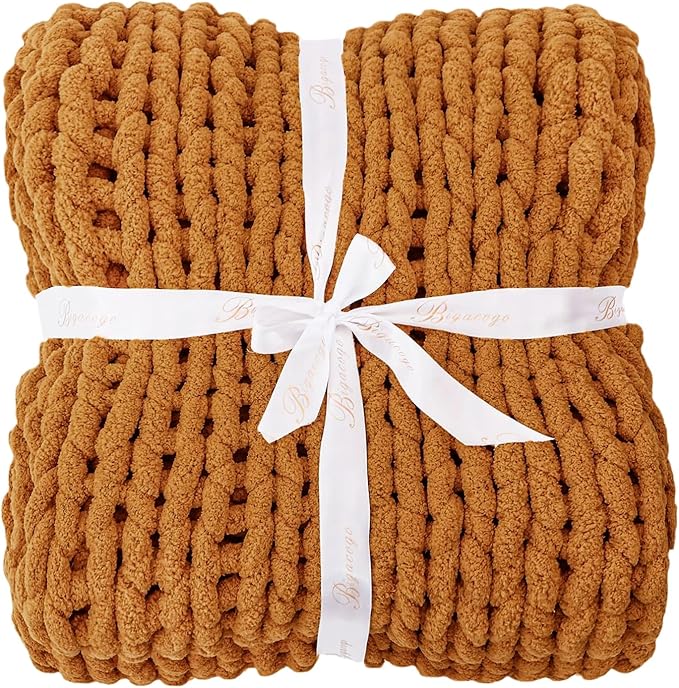 Bigacogo Chunky Knit Throw Blanket for Couch, 51x63 inches, 100% Hand Knitted with Thick Jumbo Chenille Yarn, Cozy Soft Large Rope Knot Cable Crochet Blankets for Sofa Bed Living Room, Burnt Orange