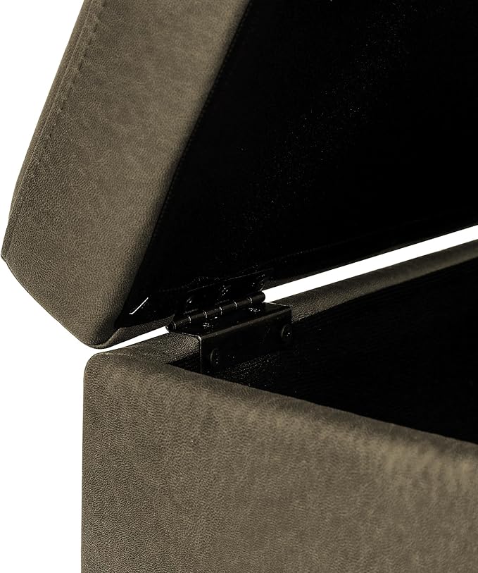 Adeco Fabric Storage Ottoman Bench with Solid Wood Legs, 17.7" Square Olive Green Leathaire Cube Foot Stool, Upholstered Button Tufted Vanity Chair with Hinged Lid for Living Room, Bedroom, Dorm