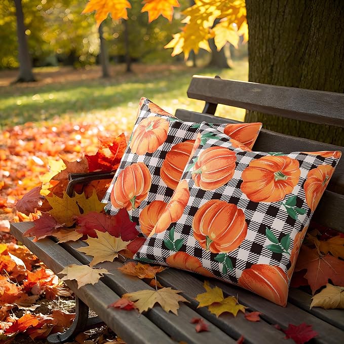 decorUhome Fall Orange Pumpkin Decorative Throw Pillow Covers 20x20 Set of 2, Buffalo Plaid Check Farmhouse Cushion Covers for Autumn Harvest Couch Sofa Bed Home Decor