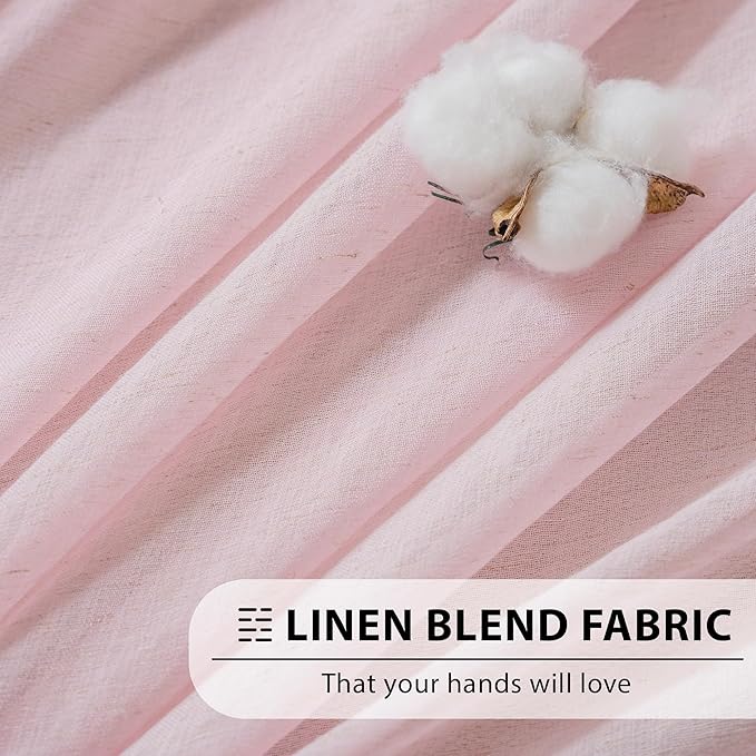 FMFUNCTEX Linen Sheer Curtains for Bedroom, Pink Curtains 63 Inch Length for Living Room, Blush Pink Farmhouse French Flax Blend Window Draperies, Rod Pocket 2 Panels Set