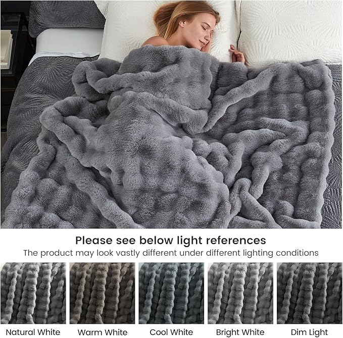 Cozy Bliss Faux Fur Throw Blanket for Couch, Fuzzy Soft Plush Thick Bubble Blanket for Sofa Bedroom Living Room,50 * 60 Inches Light Grey