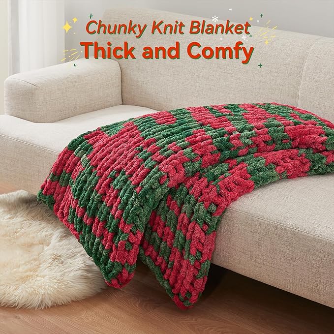 Chunky Knit Throw Blanket, 50''*60'' Knitted Throw Chenille Yarn for Bed Couch, Handmade Stripe Crochet Big Thick Blanket, Machine Washable Cute Comfy Blanket for Home Decor