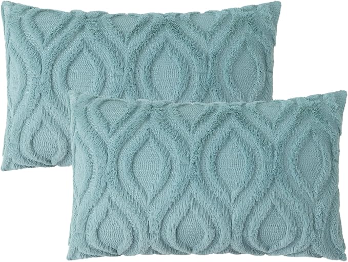decorUhome Fall Throw Pillow Covers 12x20 Inch Set of 2, Soft Plush Decorative Faux Fur Aqua Solid Couch Pillow Covers, Accent Farmhouse Neutral Lumbar Euro Pillow Cases for Sofa Bed Living Room