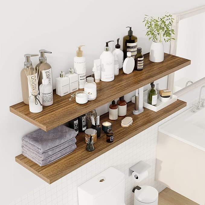 55" Floating Shelves for Wall, 12" Deep Slim Walnut Floating Shelves, Wall-Mounted Shelves for Bedroom, Living Room, Kitchen, Bathroom - Set of 2