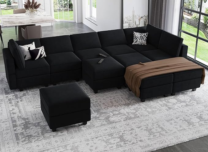 Belffin Modular Sectional Sofa with Storage Seat Oversized U Shaped Couch with Reversible Chaise Sofa Set with Ottoman Velvet Black