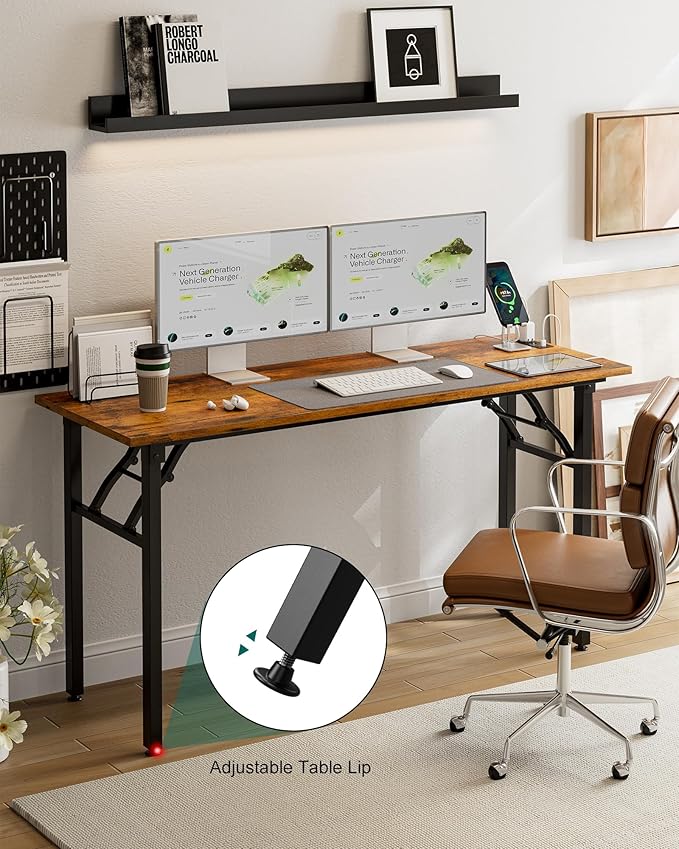 Frylr Small Folding Computer Desk β 55.1 Inch Portable Table for Craft and Study, Lightweight Desk for Small Spaces, Foldable Laptop Table Built-in AC/USB Outlets for Convenience, Rustic Brown