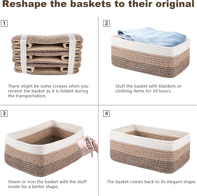3 Pack Small Storage Baskets for Organizing, Cute Woven Decorative Gift Baskets for Shelves, Mini Closet Organizer Bins with Handles, 11.81''Lx7.87''Wx4.72''H-Brown White