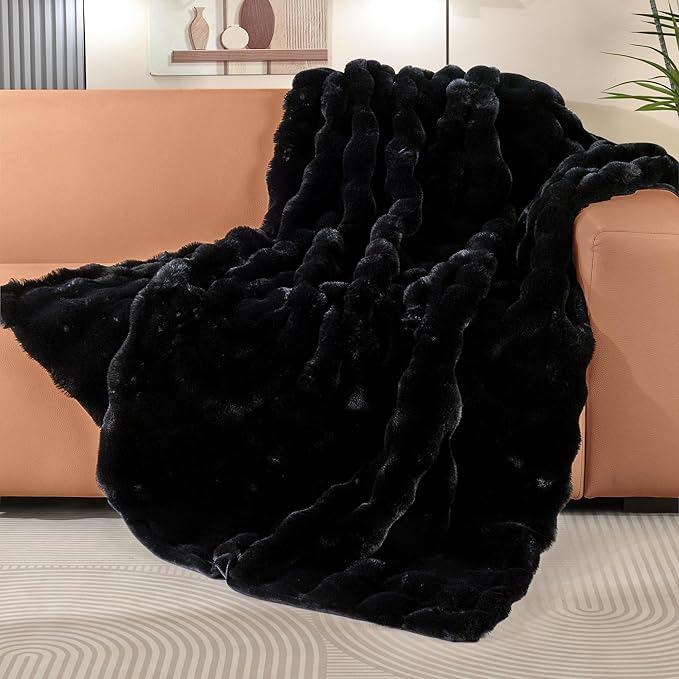 Faux Fur Black Thick Soft Throw Blanket 60X80 for Bed Couch Gift Office Chair Bunny Faux Rabbit Fur Blanket Decorative Warm Throw Blanket 860 GSM
