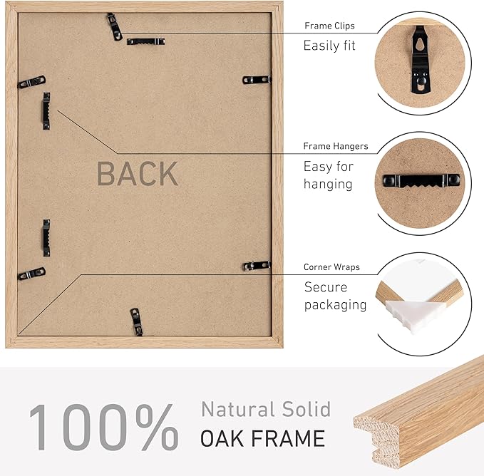 11x14 Picture Frame Set of 4 Natural Solid Oak Photo Frames with 8x10 Removable Mat Wall Hanging Large Handcrafted Frame with HD Plexiglass Wall and Tabletop Display Large Poster Frame