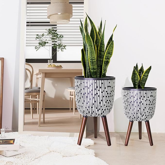 2 Set Plant Pot with Stand 10 & 12 inches, Mid-Century Large Planter with Legs for Indoor Plants, Boho Print Standing Plant Pot with Drainage Plug for Monstera, Herb, Succulent Flower Pot