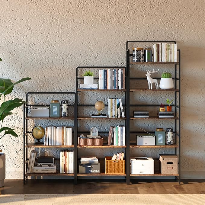 4NM No Assembly Foldable Bookshelf, 4-Shelf Collapsible Bookcase Storage for Small Spaces, 54" H, Rustic Brown and Black