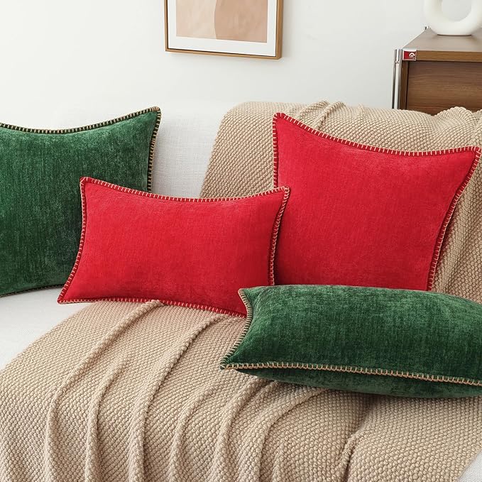decorUhome Chenille Soft Throw Pillow Covers 18x18 Set of 2, Farmhouse Velvet Neutral Decorative Euro Pillow Covers with Stitched Edge for Couch Sofa Bed Home Decor, Red
