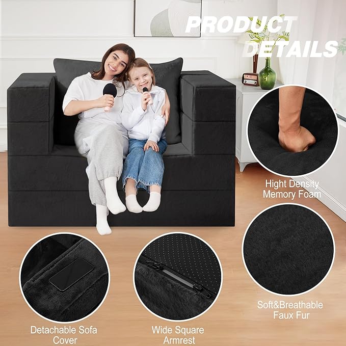 Folding Bean Bag Chair for Adults,3-in-1 Bean Bag Couch Faux Fur Floor Sofa Large Beanbag Convertible Bean Bag Sofa Bed with Pillow in Bedroom,Living Room,Apartment(Twin,Black)