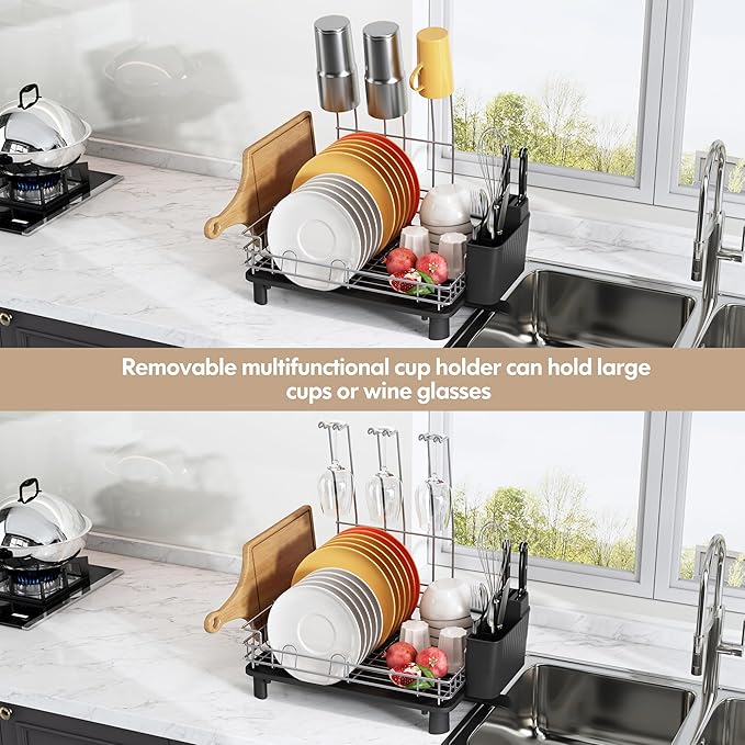BOOSINY Stainless Steel Dish Drainers Drying Rack for Kitchen Counter with Automatic Drainage, 1 Tier Rust Proof Metal, Space Saving, Modern Aesthetic, Compact Plates Strainers,Gray