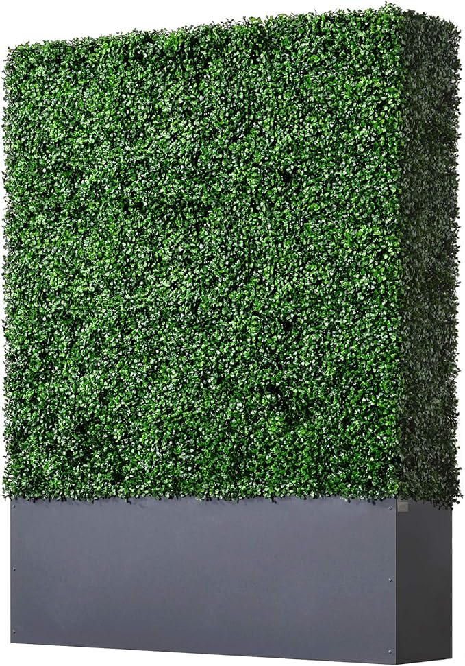 AGPL Artificial Boxwood Hedge Wall with Dark Gray Stainless Steel Planter Box(64" H 48" W 12" D) Privacy Wall Backdrops