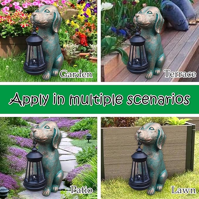 Dog Garden Statue Outdoor Décor with Solar Lights Lantern,Dog Solar Light Figurines Outside Decorations for Yard,Lawn ,Patio, Balcony, Unique Housewarming Gifts