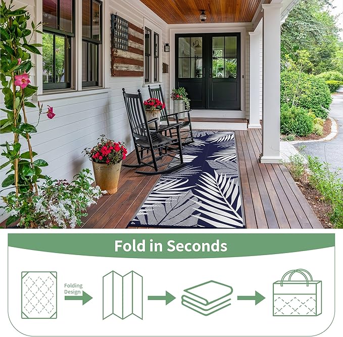 GENIMO Outdoor Rug 2.5' x 8' Waterproof for Patios Clearance, Reversible Outdoor Plastic Straw Camping Rug Carpet, Large Area Rugs Mats for RV, Camper, Deck, Balcony, Porch, Beach, Navy Blue&White