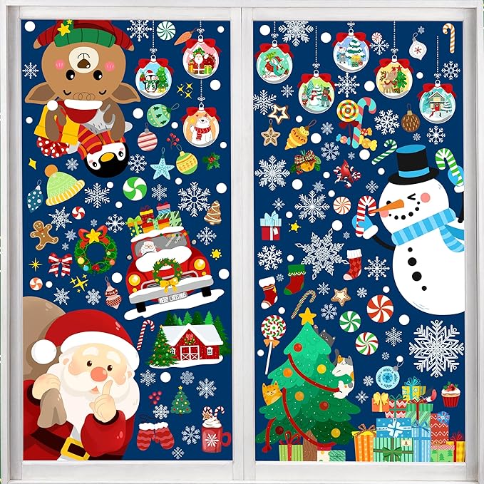 Christmas Window Clings - Christmas Large Window Stickers for Glass Window, Reusable Static Vinyl Double-Sided Winter Decals, Cute Snowflake Snowman Holiday Xmas Decorations, 197 PCS/9 Sheet