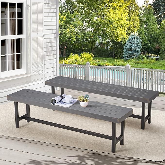 AVAWING Outdoor Wood Benches Set of 2, 63" Patio Wooden Picnic Bench for 6 Persons, Rectangular Bench for Porch, Balcony and Deck,Grey