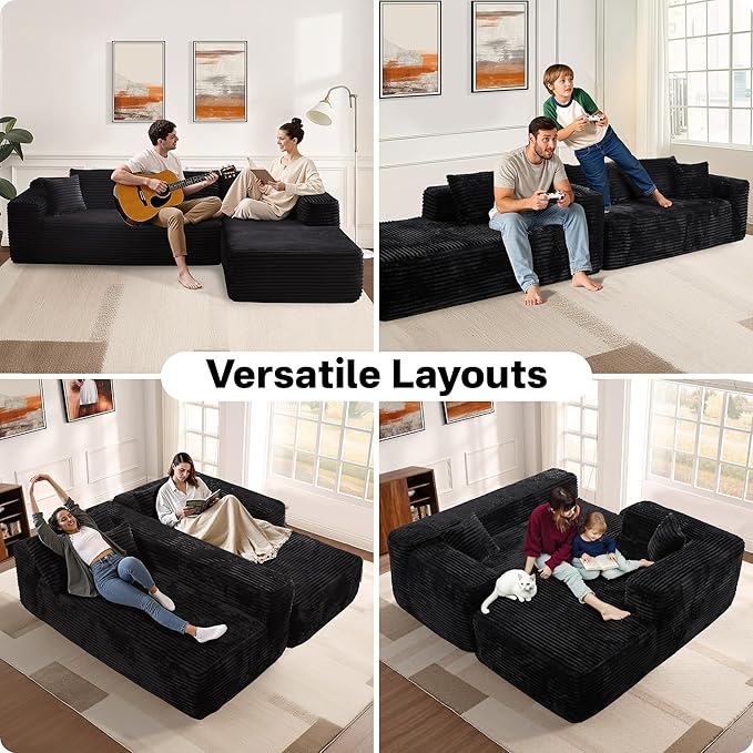 104" Cloudy Sectional L Shaped Couch for Living Room, No Assembly Required, Modular Comfy Sofa with Deep Seat, Fluffy Couch with Sleeper Chaise for Apartment Lounge (Black)