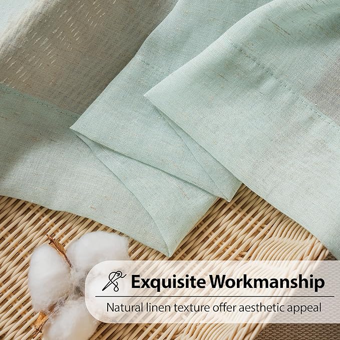 FMFUNCTEX Linen Sheer Curtains for Bedroom, Sage Green Curtains 84 inches Long for Living Room, Farmhouse French Flax Blend Window Draperies, Rod Pocket 2 Panels Set