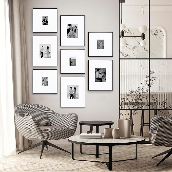 Camden Reed Arcadia 8 Piece Oversized Gallery Wall Frame, 16x20 and 16x16 Inch Matted Frames for Featuring 8x10 and 5x7 Inch Photographs or Art Prints, Black Finish