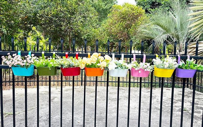 8 Pack Hanging Planters 10", Colorful Metal Bacony Railing Planter for Outdoor Decor, Countryside Fence Pot Flower Bucket for Rails Patio Garden, Plant Pot for Herb (Multi-Color, 8Pcs)