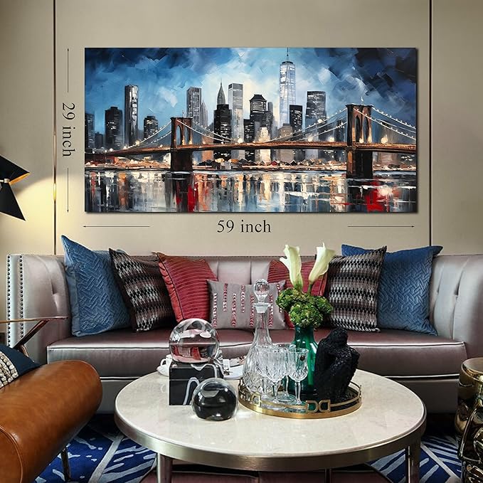 Brooklyn Bridge Wall Art for Bedroom,Modern City Large Canvas Wall Art Living Room,Blue Home Office Decor 29 x 59 Inch