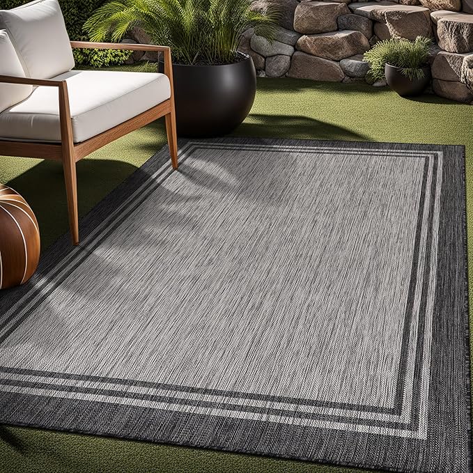 Bordered Outdoor Rug 9x12 Washable Outside Carpet for Indoor Patio Porch Waterproof Easy Cleaning Non Shedding Area Rugs Dark Gray 9 x 12