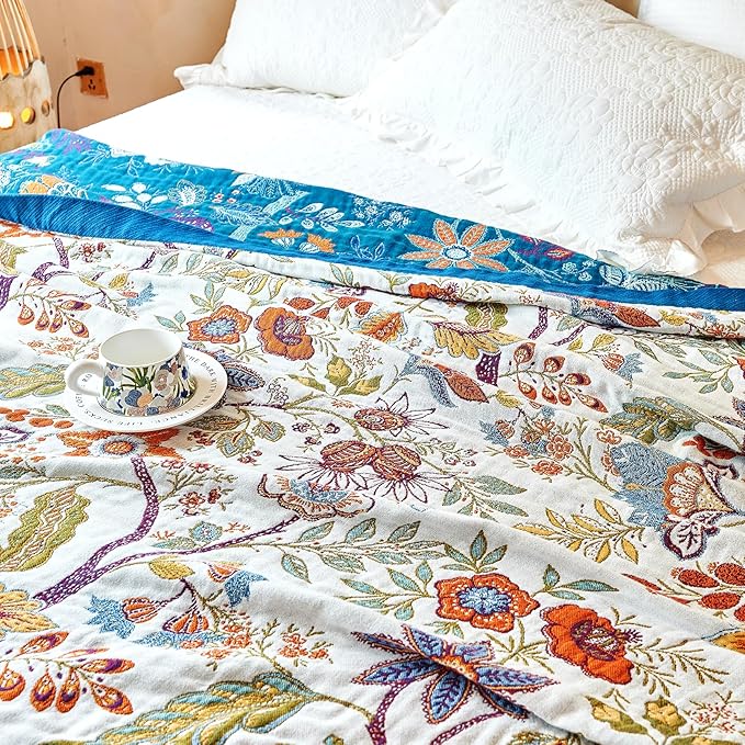 Boho Throw Blanket, 100% Organic Cotton Breathable Ultra Soft Bed Quilt Throw - All Season Floral Bird Butterfly Farmhouse Decor Blanket for Sofa Couch Chair and Gift. 60" x 80"
