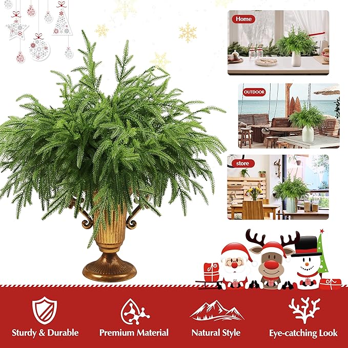 12Pcs Artificial Norfolk Pine Branches 18" Plastic Christmas Plants Decor Faux Greenery Stems Pine Picks Outdoor Faux Plants UV Resistant for Xmas Indoor, Front Porch Home Décor (12, 18inch)