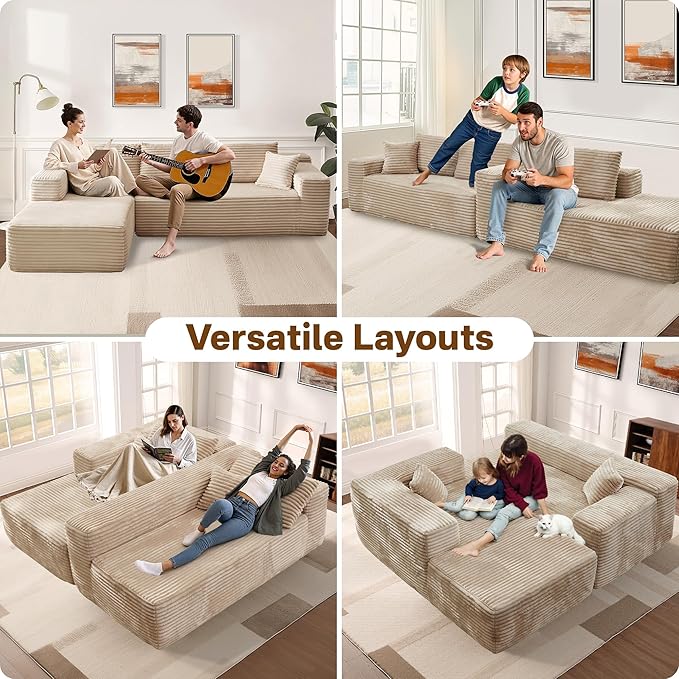 104" Cloud Sectional Couches for Living Room,L Shaped Boneless Couch in A Box,Sleeper Sofa with Comfy Chaise No Assembly Required,Beige