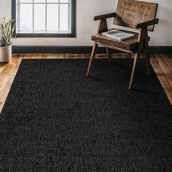 CAMILSON Easy Jute Rug 5x7, Indoor Outdoor Dark Gray Black Farmhouse Area Rugs for Living Room Patio and Kitchen Rug, Solid Boho Woven Design, Easy-Cleaning, Washable Outside Carpet Alfombras (5 x 7)