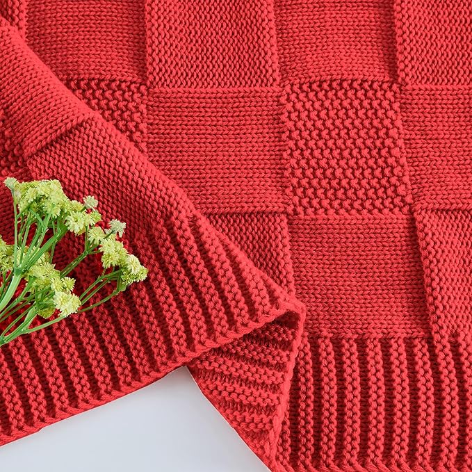 CozeCube Knit Throw Blanket,Christmas Red Checkered Bedroom Blanket for Couch,Soft Cozy Warm Knitted Blanket for Bed Sofa Living Room,Decorative Spring Fall Throw Blanket 60"X80",Christmas Red