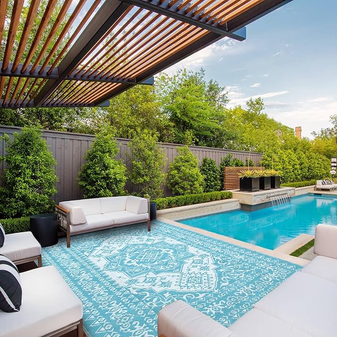 GAOMON Outdoor Rugs 8x10 Waterproof Reversible Outdoor Plastic Straw Rug, Large Patio Rugs UV-Resistant Portable RV Camping Mats, Vintage Boho Carpet for Deck Porch Garden, Light Blue & White