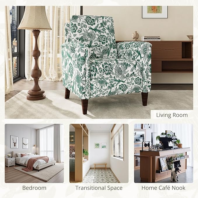 Floral Accent Chair Set of 2, High Back Upholstered Armchair with Solid Wooden Legs, Padded Armrest and Removable Comfortable Cushioned Seat Single Sofa for Living Room, Bedroom, Green