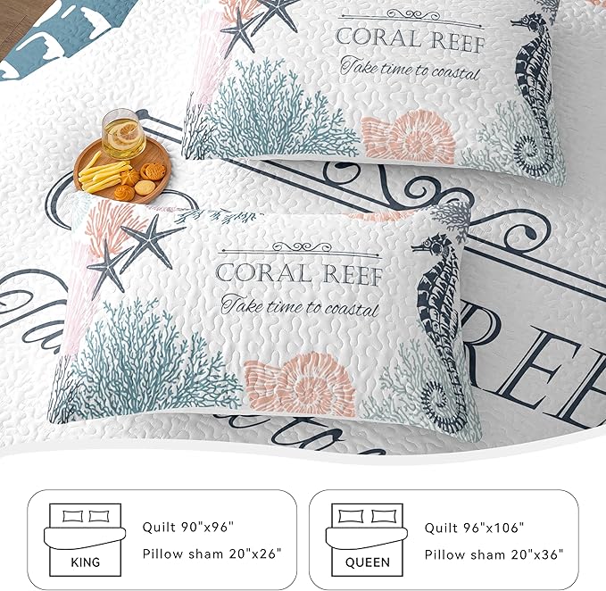 Coastal Bedding Queen Size with 2 Shams, Nautical Beach Comforter Sets Ocean Bedspreads Coastal Coverlet Summer Bedding, 90''x96''