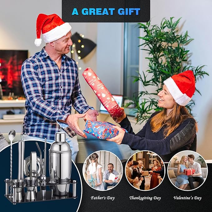 Cocktail Shaker Set Bartender Kit : 15-Piece Stainless Steel Bartender Kit with Acrylic Stand Bars Set with All Practical Bars Accessories, Bar Tools for Drink Mixing, Bar, Home, Lounge & Party