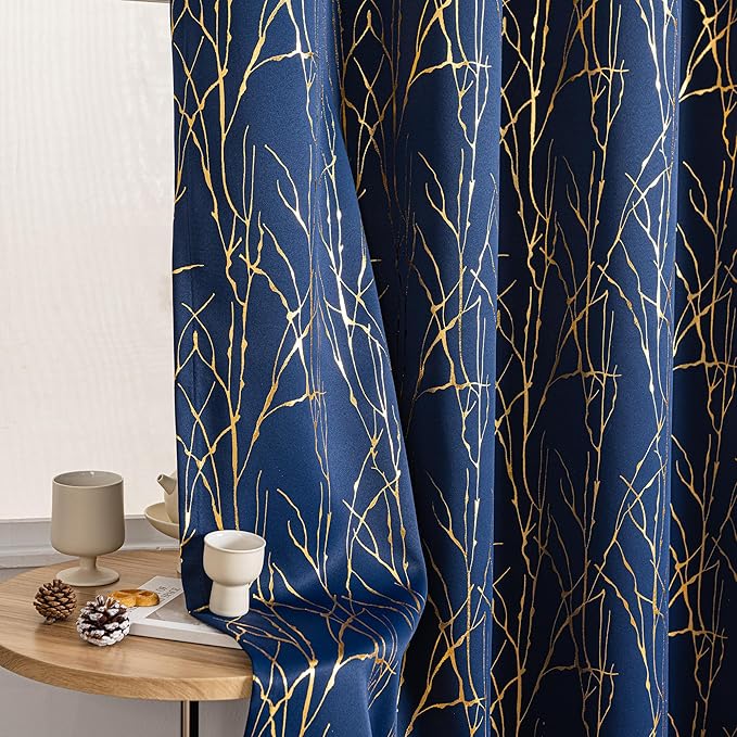 Grommets Blackout Long Window Curtains Navy Blue Gold-52W*95L 2PCS Drapes for Bedroom