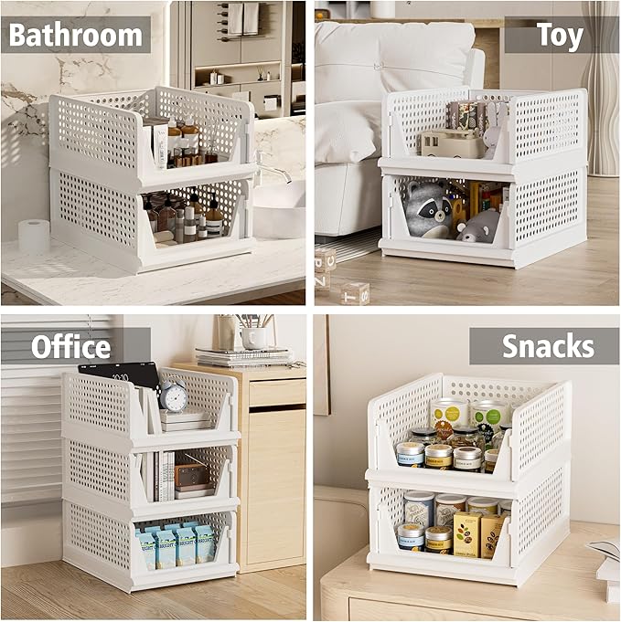 4 Pack Stackable Plastic Storage Basket Closet Organizer Bin Foldable Clothes Organizer Storage Drawer Shelf Container for Living Room Bathroom Kitchen Office (2L+2S)