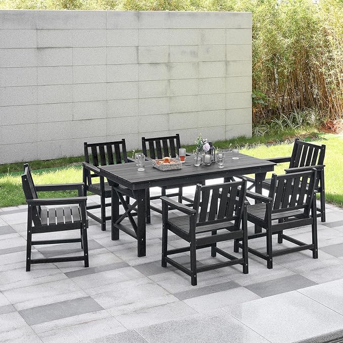 7 Pieces HDPE Outdoor Dining Set, Patio Dining Set with Umbrella Hole, All Weather Outdoor Dining Table Sets for 6, HDPE Patio Furniture Sets for Deck, Backyard, Lawn, and Poolside, Obsidian