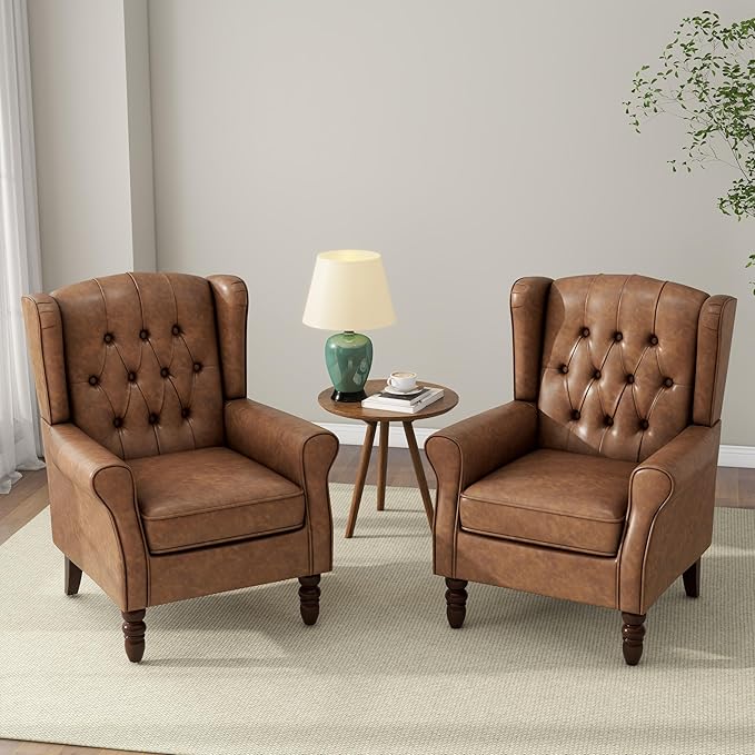 Accent Chair, Upholstered Armchair with Button Tufted High Back & Solid Wood Legs, Comfy Wingback Reading Single Sofa Chair for Small Spaces, Living Room, Bedroom (Leather Brown, Set of 2)