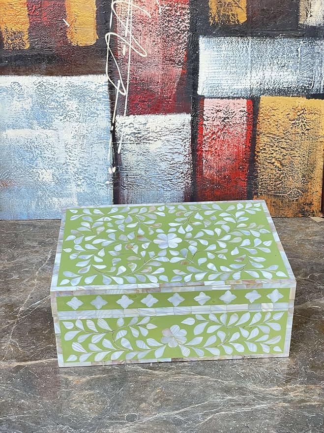 Decorative Storage Box Of Mother Of Pearl Inlay Floral Design Wooden Storage Box For Home Decoration For Living Dining & Bedroom (Olive Green_12x8x5 inch)