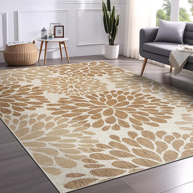 Beverly Rug Outdoor Rug 10x14 Modern Exotic Tropical Leaf Area Rugs for Indoor and Outdoor Patio Deck Porch Garden Water Resistant Washable Outside Carpet (10 x 14 Beige)