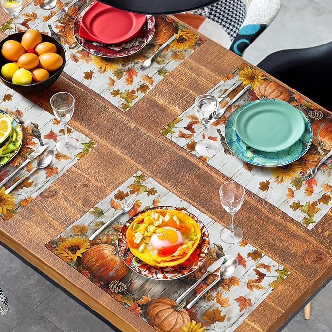Fall Placemats 12x18 Inch Set of 4 Pumpkin Maple Leaves Sunflower Bird Linen Place Mat Burnt Orange Autumn Thanksgiving Harvest Table Mats for Party Kitchen Dining Decoration